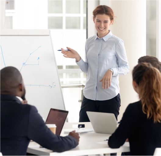 meeting with woman at whiteboard